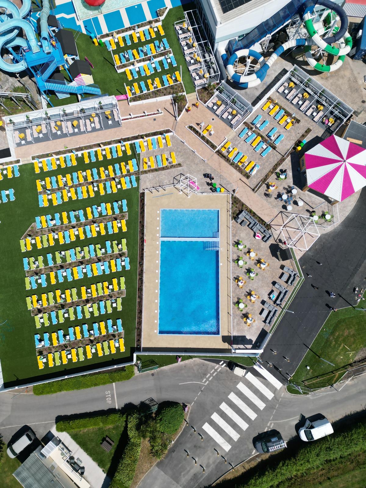 Overhead drone view of the finished pool within Unity Beach Holiday Park