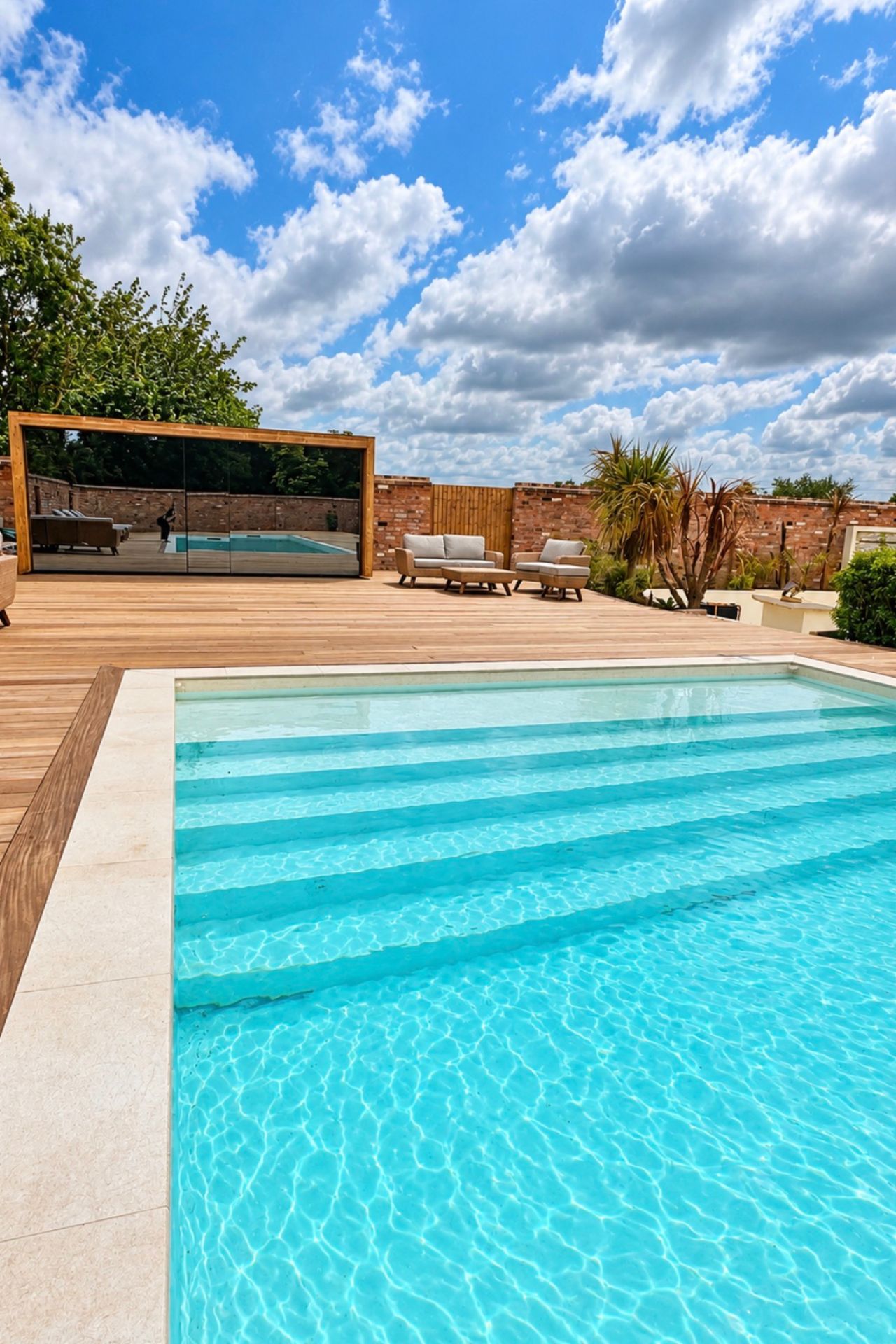 Wide entry steps into the finished Flexline swimming pool