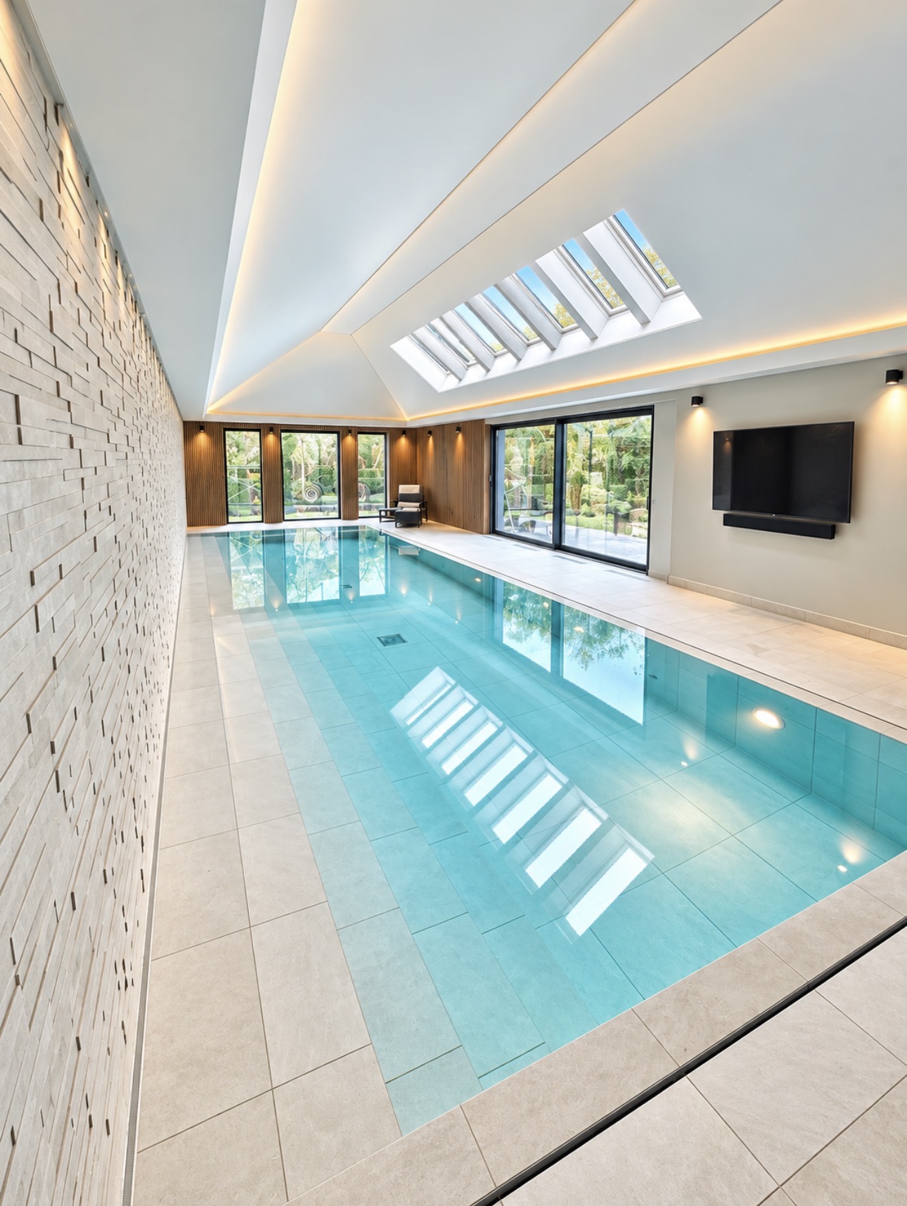 The finished contemporary indoor pool room