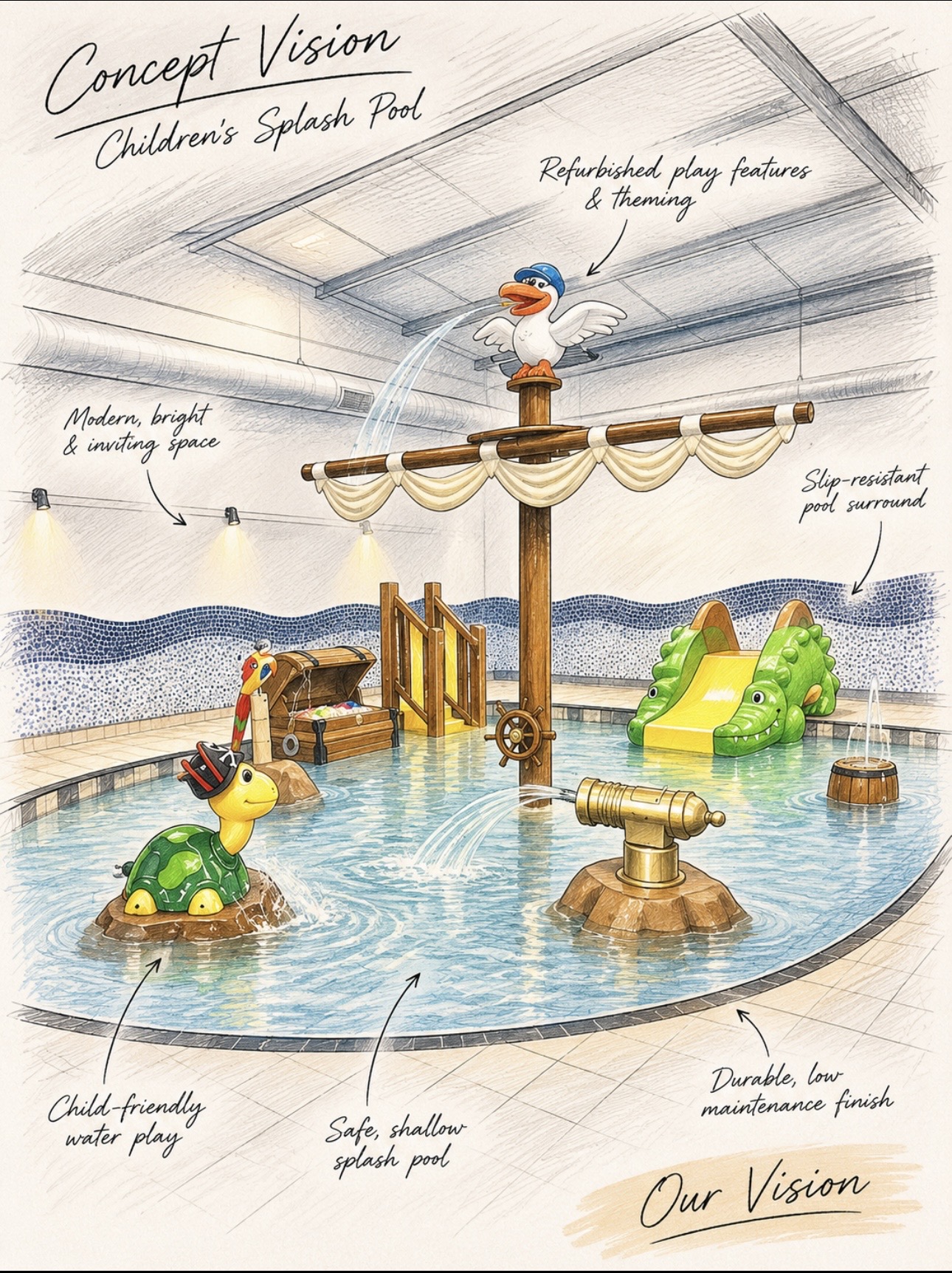Concept vision drawing of the children's splash pool with annotated play features