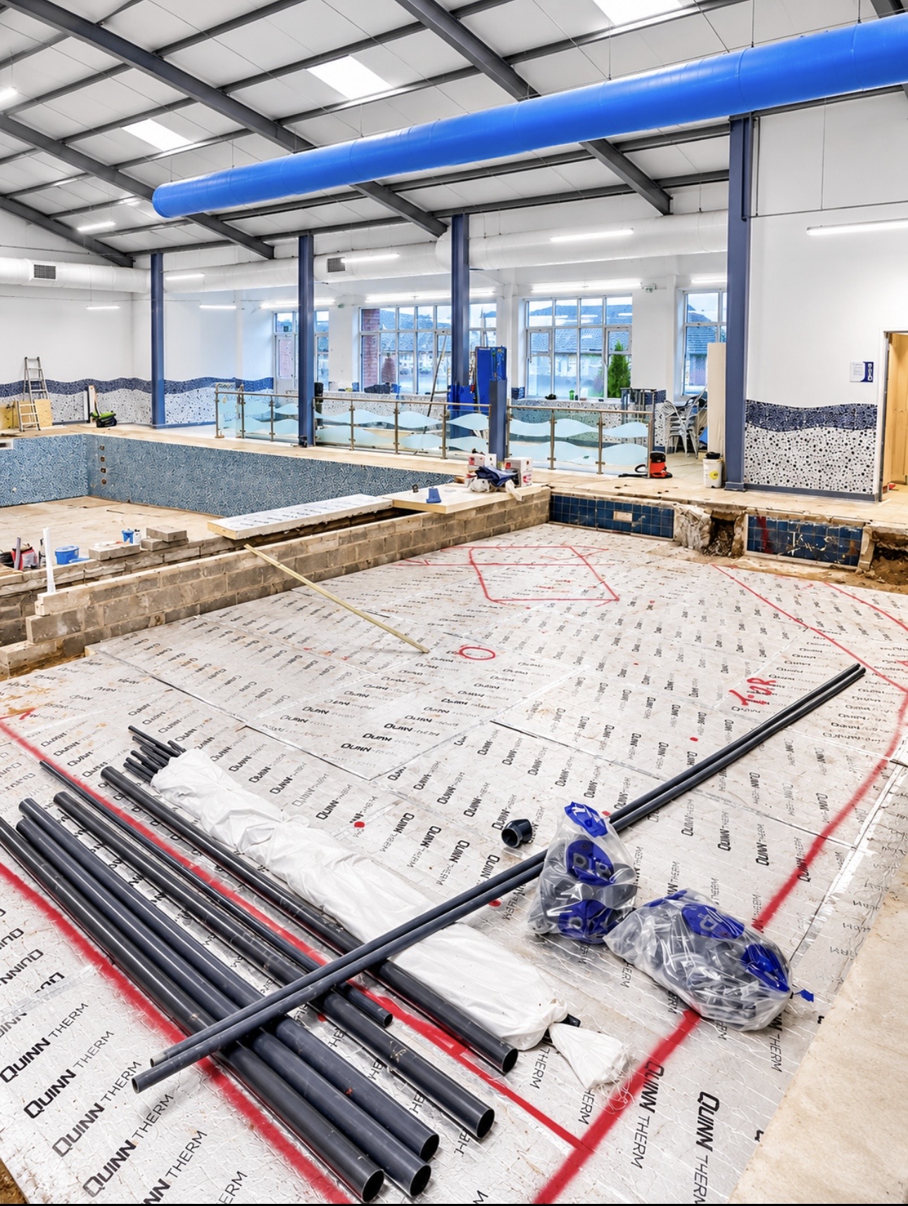 Dedicated pipework laid across the insulated splash pool base
