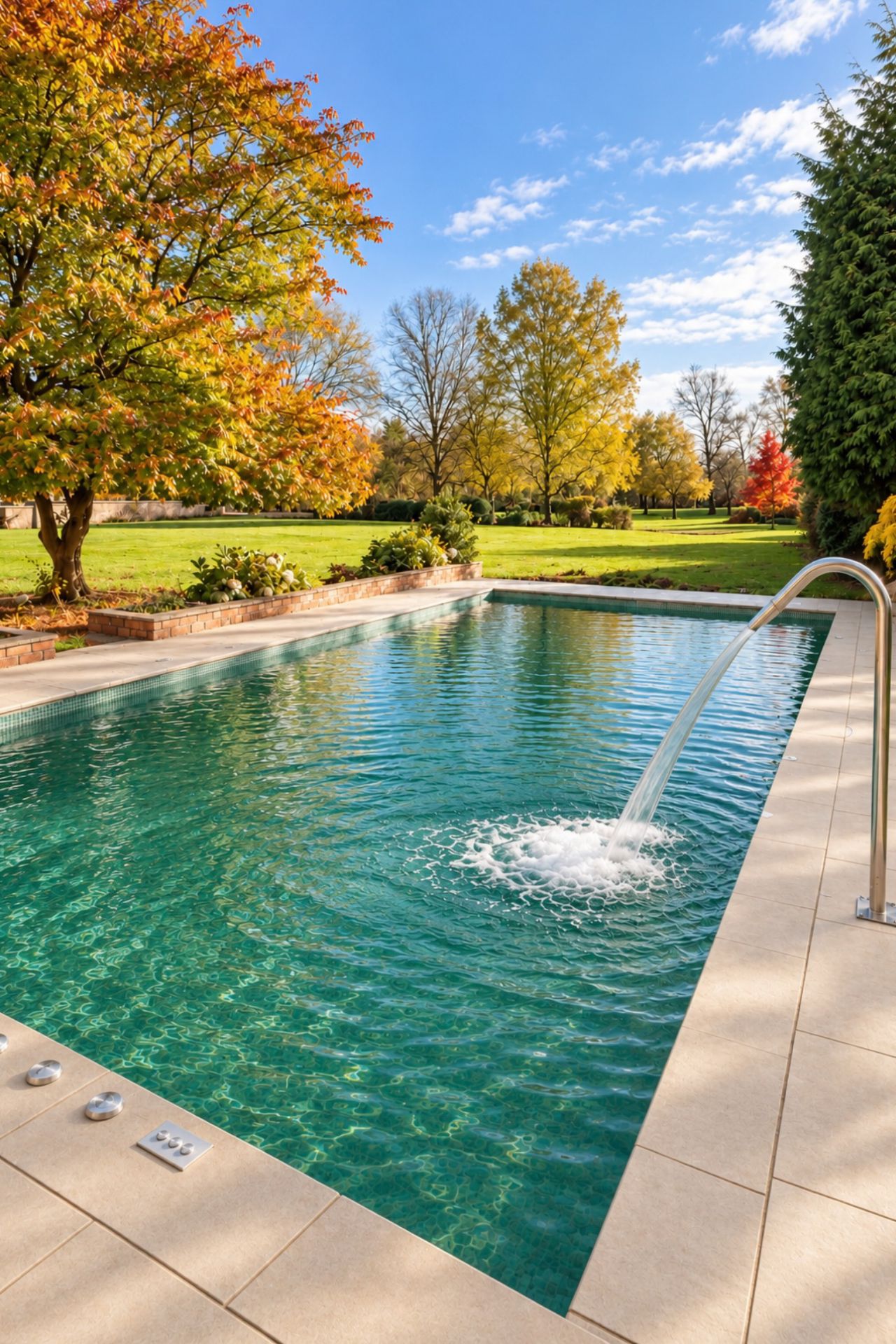 Finished bespoke tiled GRP swimming pool with lighting on